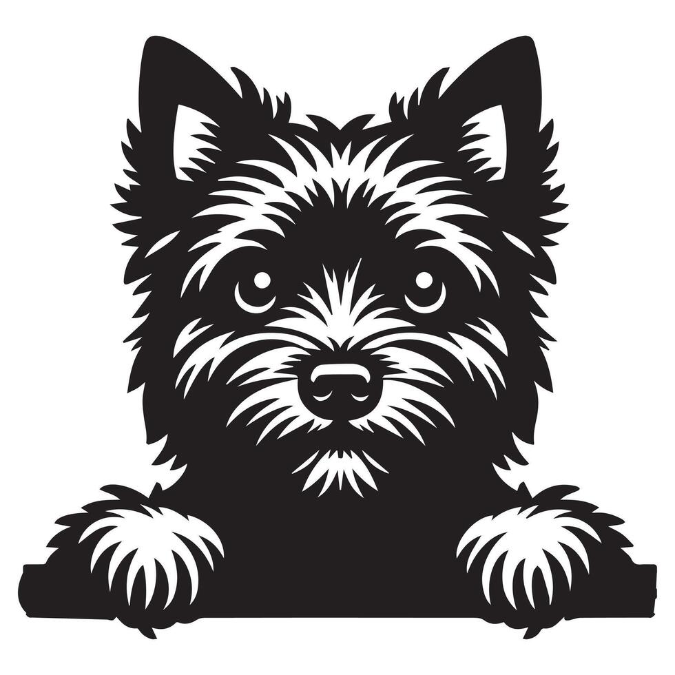 Dog Peeking - Norwich Terrier Dog Peeking face illustration in black and white vector