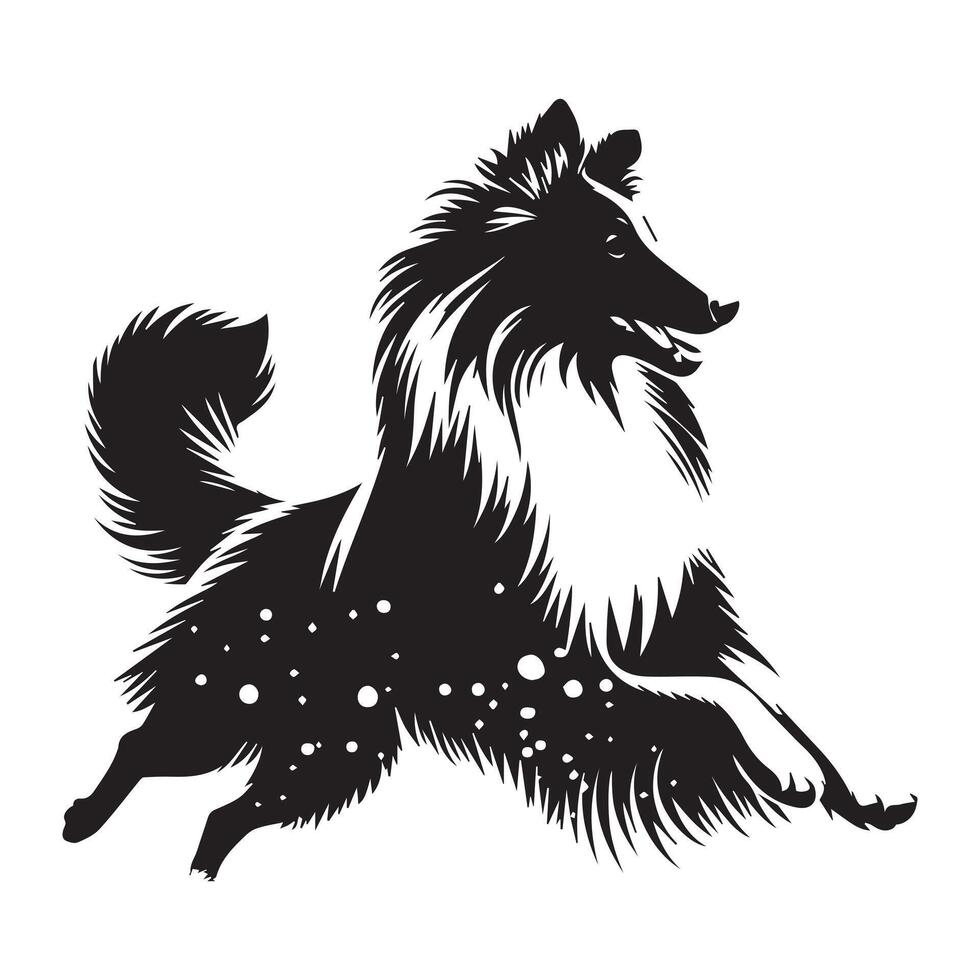Shetland Sheepdog - Playing joyfully with a dusting of snow illustration in black and white vector