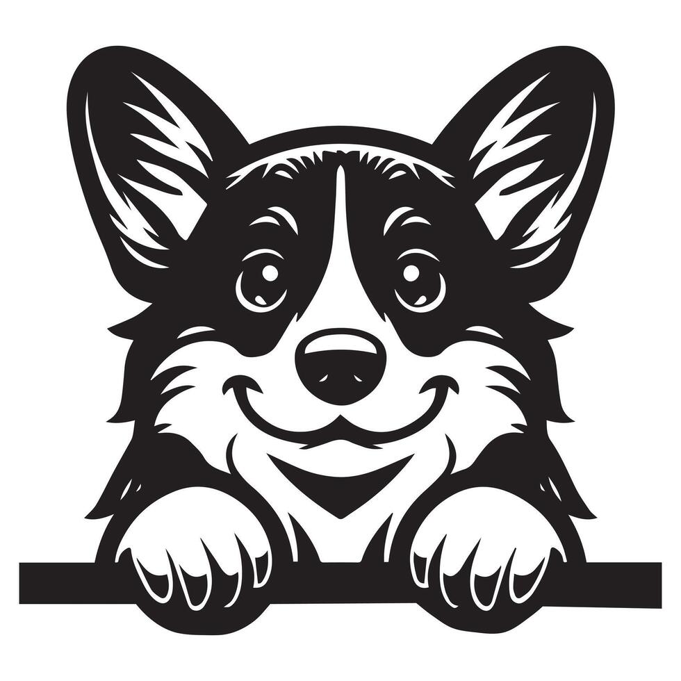 Dog Peeking - Pembroke Welsh Corgi Dog Peeking face illustration in black and white vector