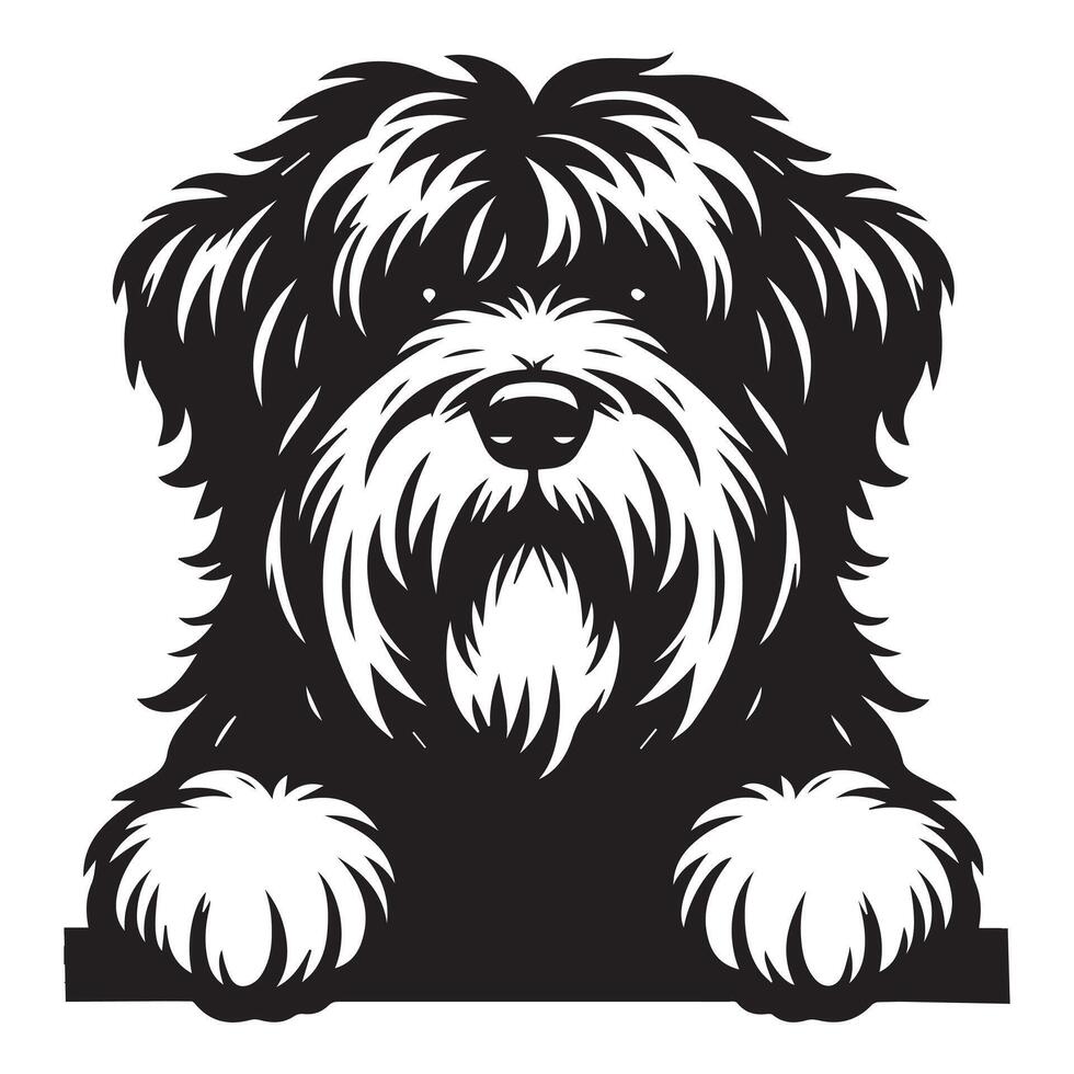 illustration of a Old English Sheepdog Dog Peeking face in black and white vector