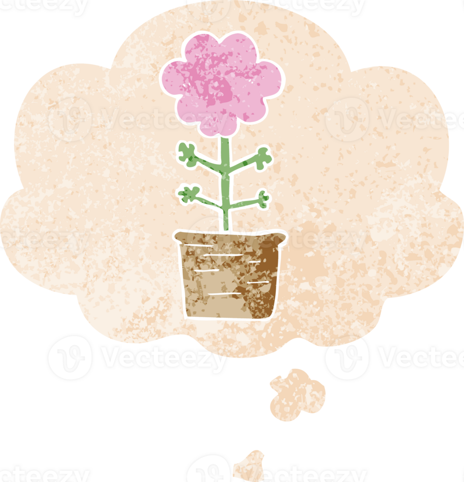 cute cartoon flower with thought bubble in grunge distressed retro textured style png