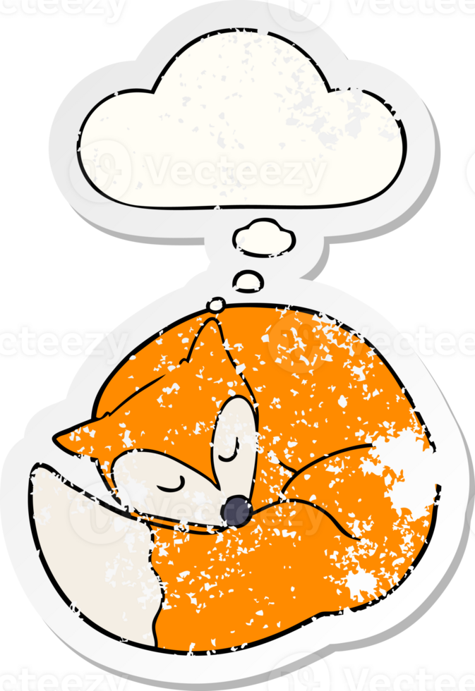 cartoon sleeping fox with thought bubble as a distressed worn sticker png