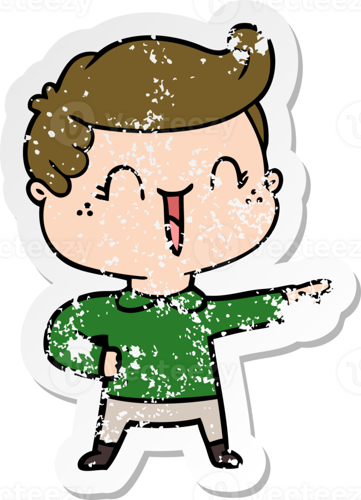 distressed sticker of a cartoon laughing boy pointing png