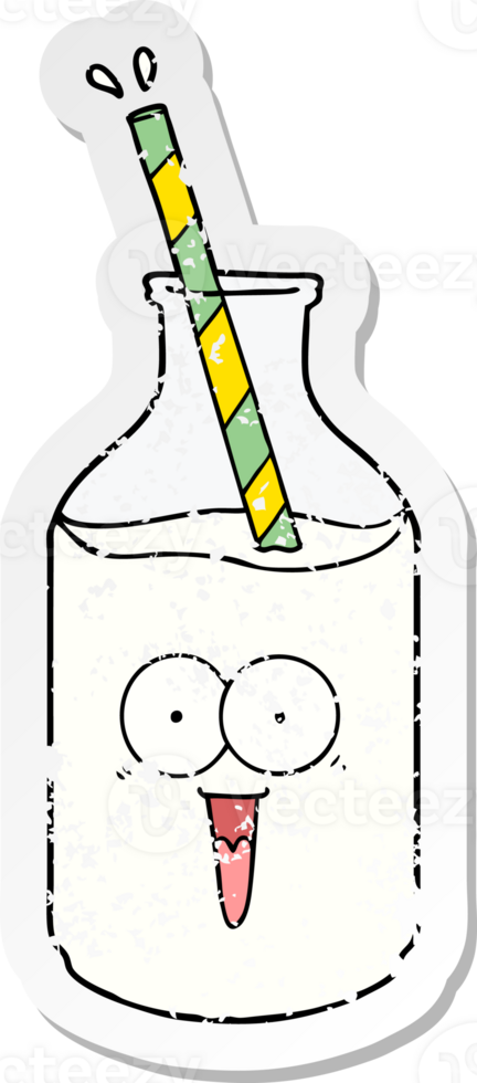 distressed sticker of a happy carton milk bottle with straw png