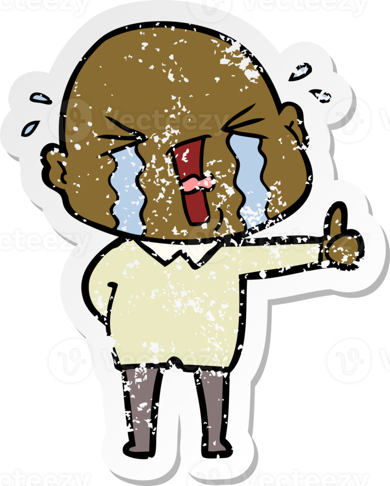distressed sticker of a cartoon crying bald man png