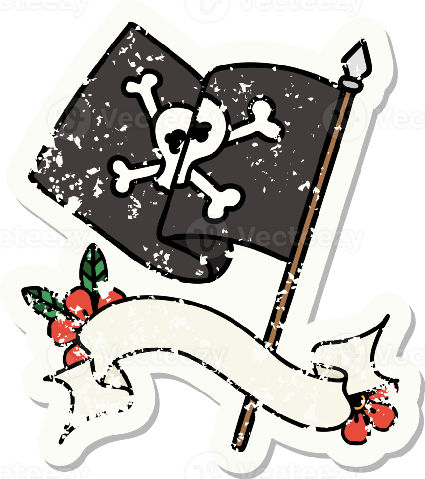 worn old sticker with banner of a pirate flag png