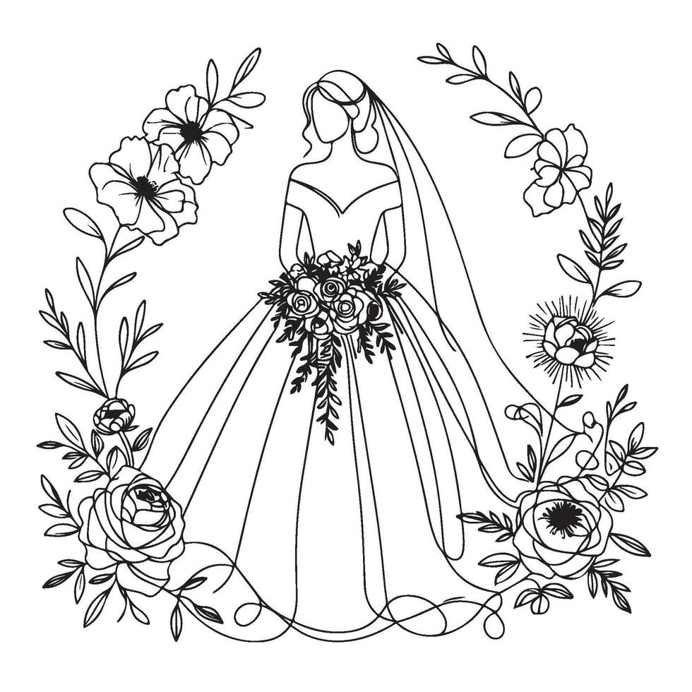 create a bride and groom in a circle wreath line art vector