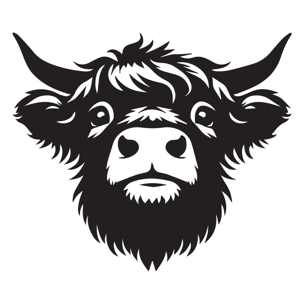 Cattle - A hopeful Highland cattle face illustration in black and white vector