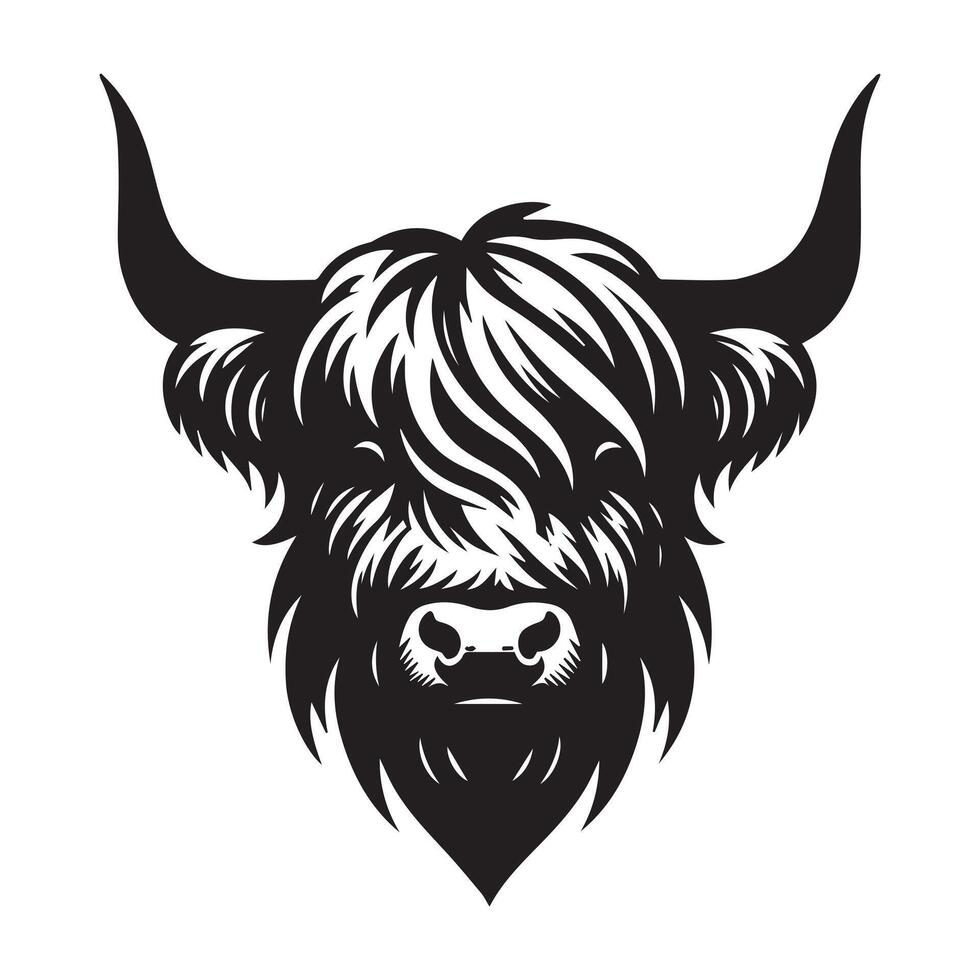 Cattle - A commanding Highland cattle face illustration in black and white vector