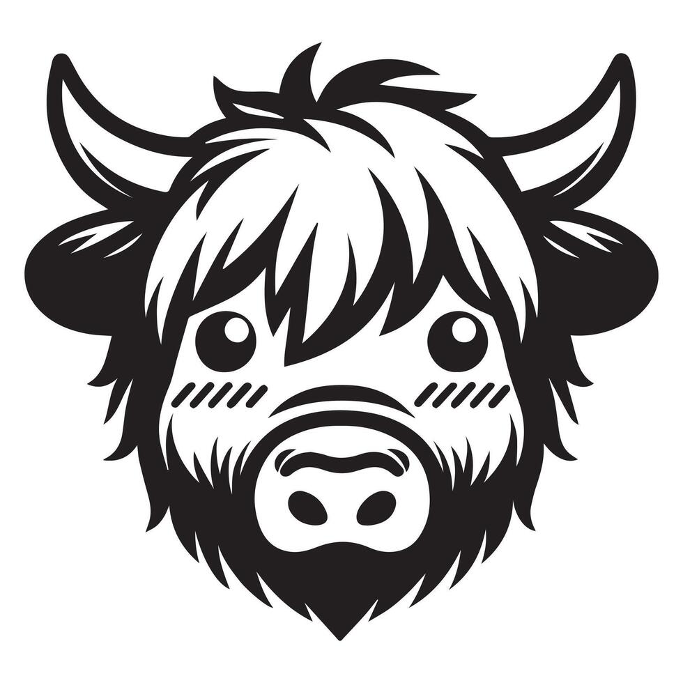 Highland cattle - A bashful Highland Cow face illustration in black and white vector