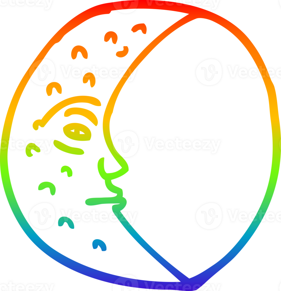 rainbow gradient line drawing of a cartoon crescent moon with face png