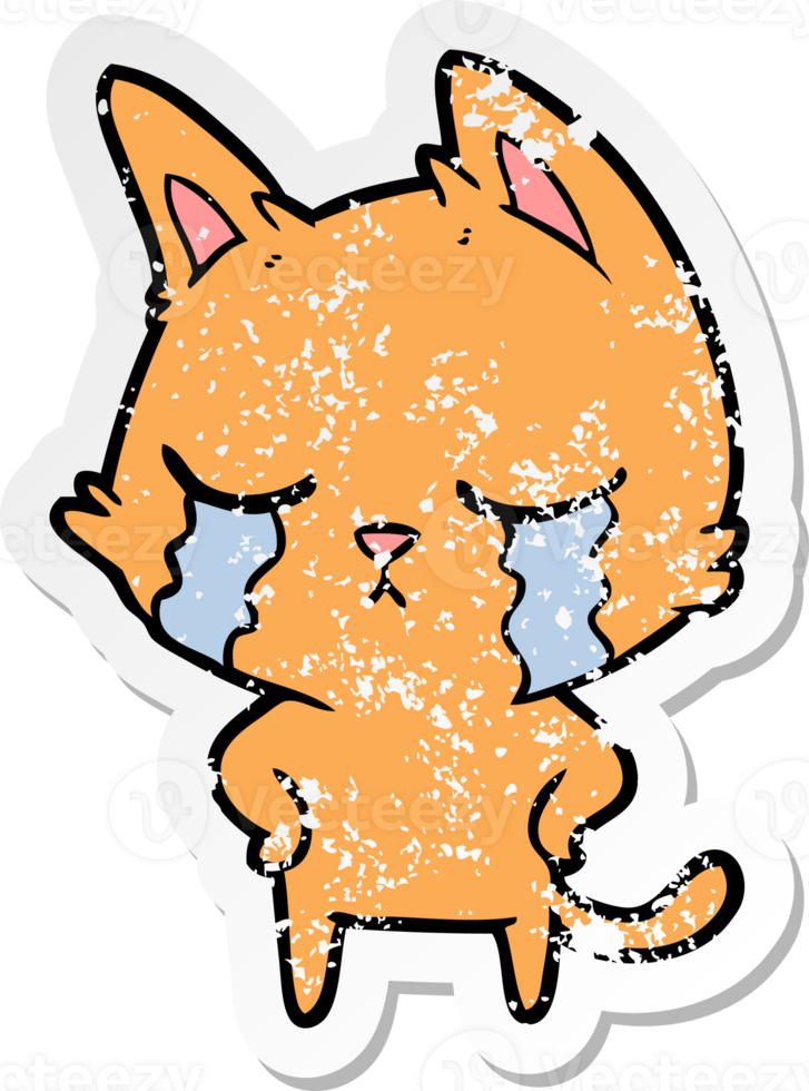 distressed sticker of a crying cartoon cat png