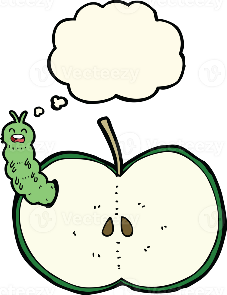 cartoon bug eating apple with thought bubble png