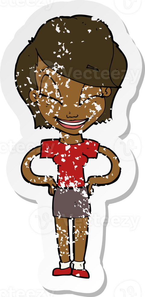 retro distressed sticker of a cartoon woman with hands on hips png