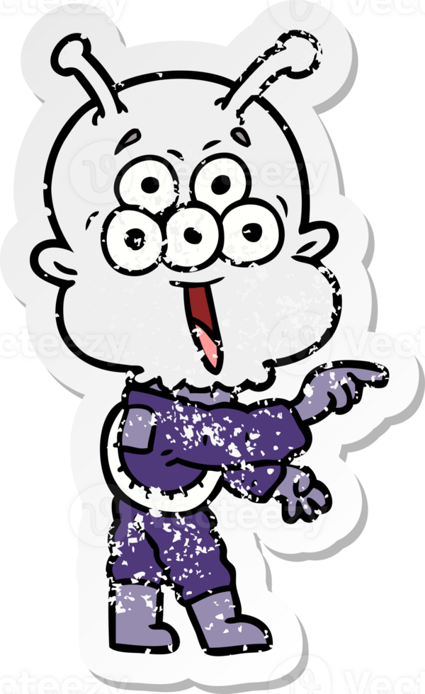 distressed sticker of a happy cartoon alien png