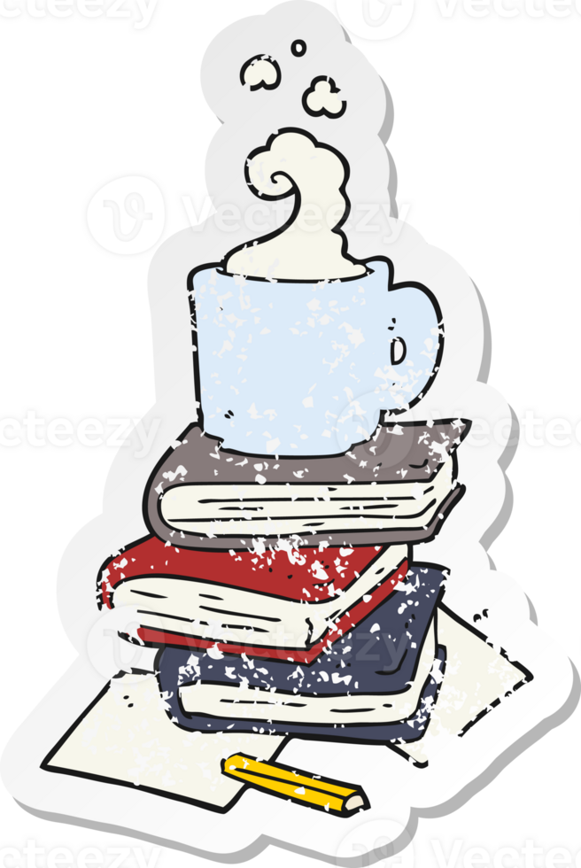 retro distressed sticker of a cartoon books and coffee cup png