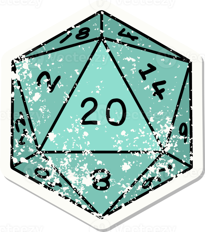 grunge sticker of a natural 20 D20 dice roll png