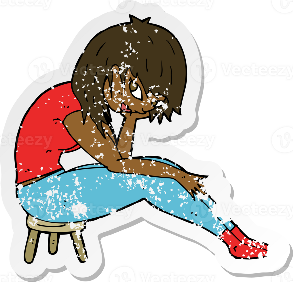retro distressed sticker of a cartoon woman sitting on small stool png