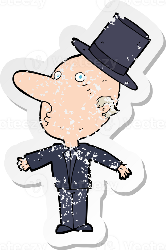 retro distressed sticker of a cartoon man wearing top hat png