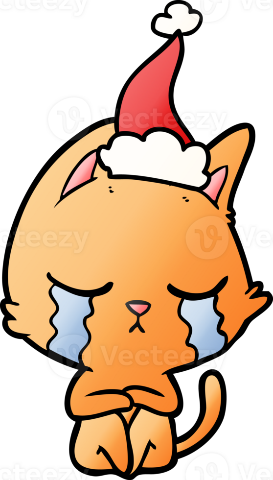 crying hand drawn gradient cartoon of a cat sitting wearing santa hat png