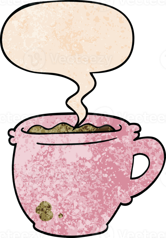 cartoon hot cup of coffee with speech bubble in retro texture style png
