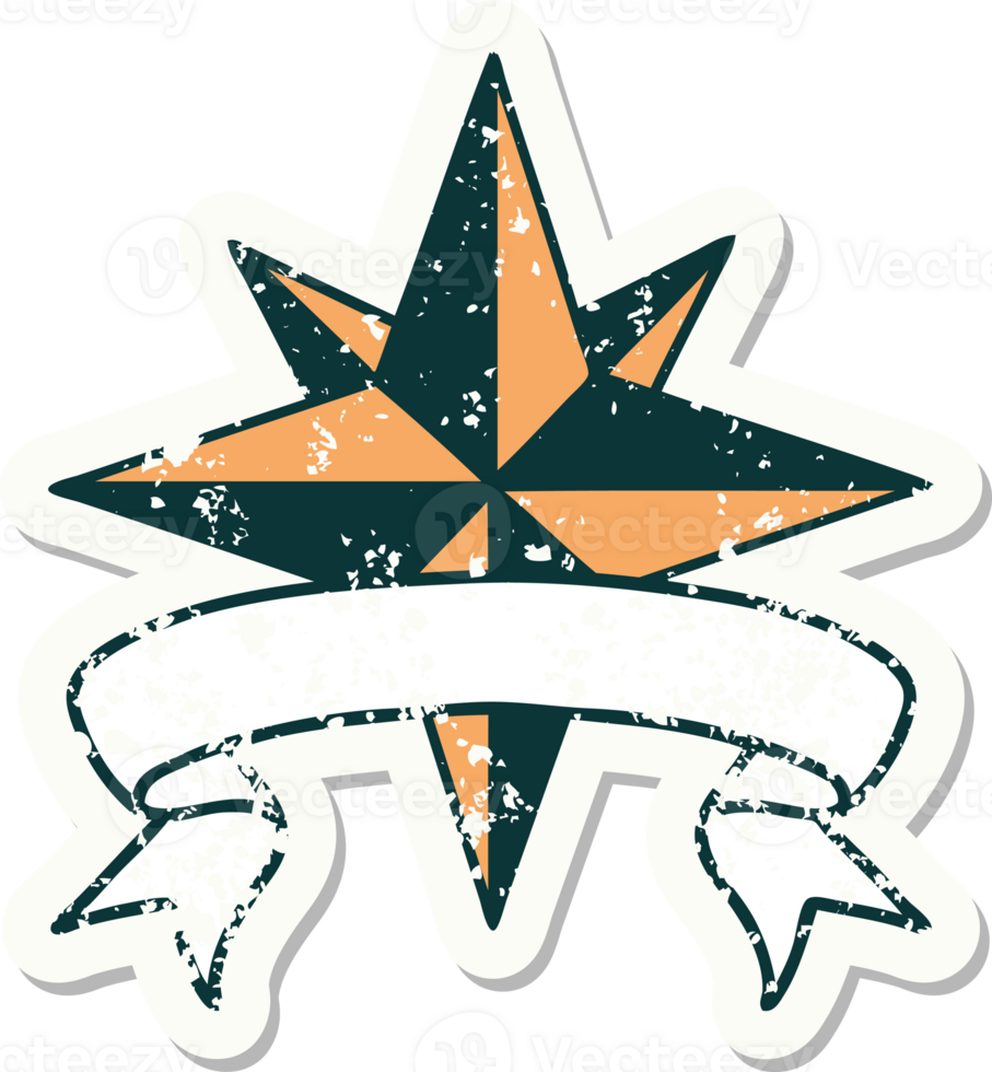 worn old sticker with banner of a star png