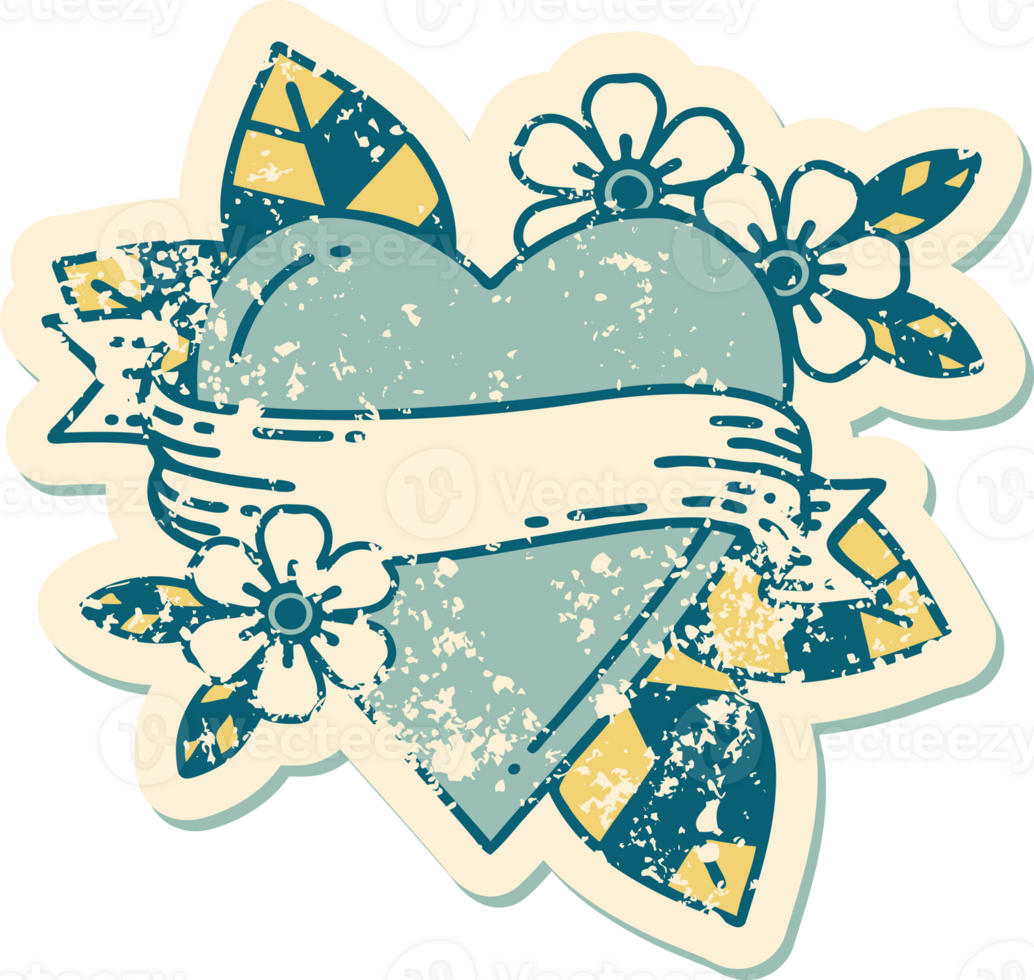 iconic distressed sticker tattoo style image of a heart and banner png