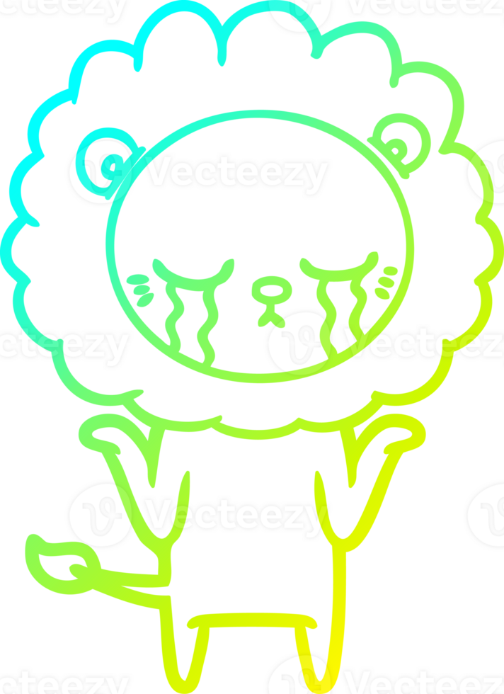 cold gradient line drawing of a crying cartoon lion png