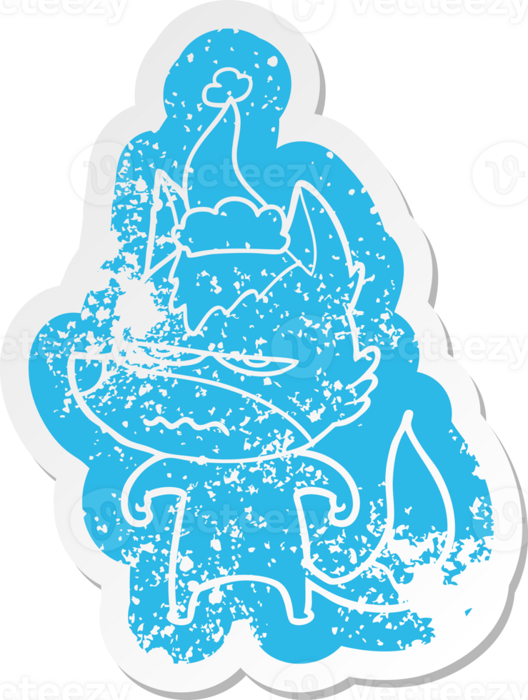quirky cartoon distressed sticker of a annoyed wolf wearing santa hat png