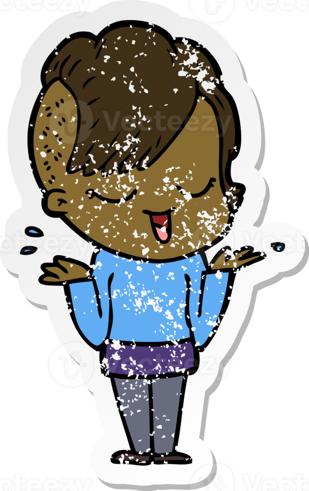 distressed sticker of a happy cartoon girl png