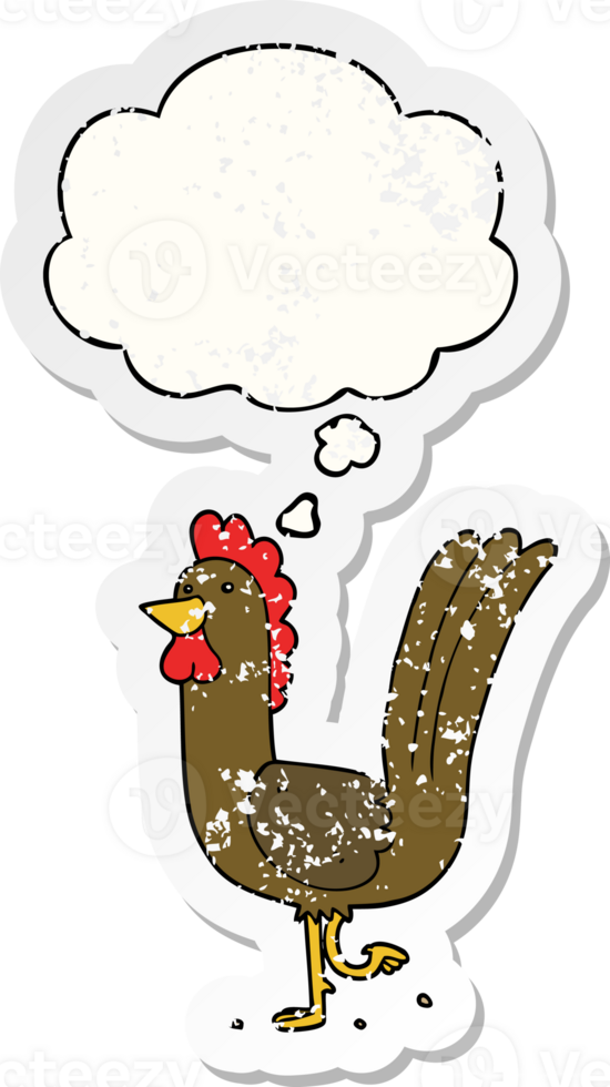 cartoon rooster with thought bubble as a distressed worn sticker png