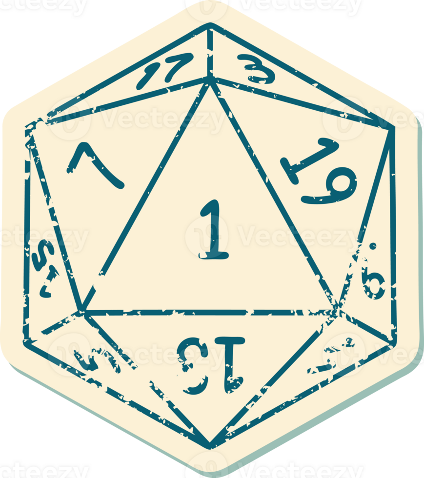 Retro Tattoo Style natural 1 D20 dice roll png