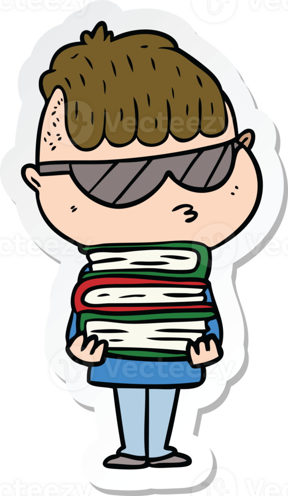 sticker of a cartoon boy wearing sunglasses with stack of books png
