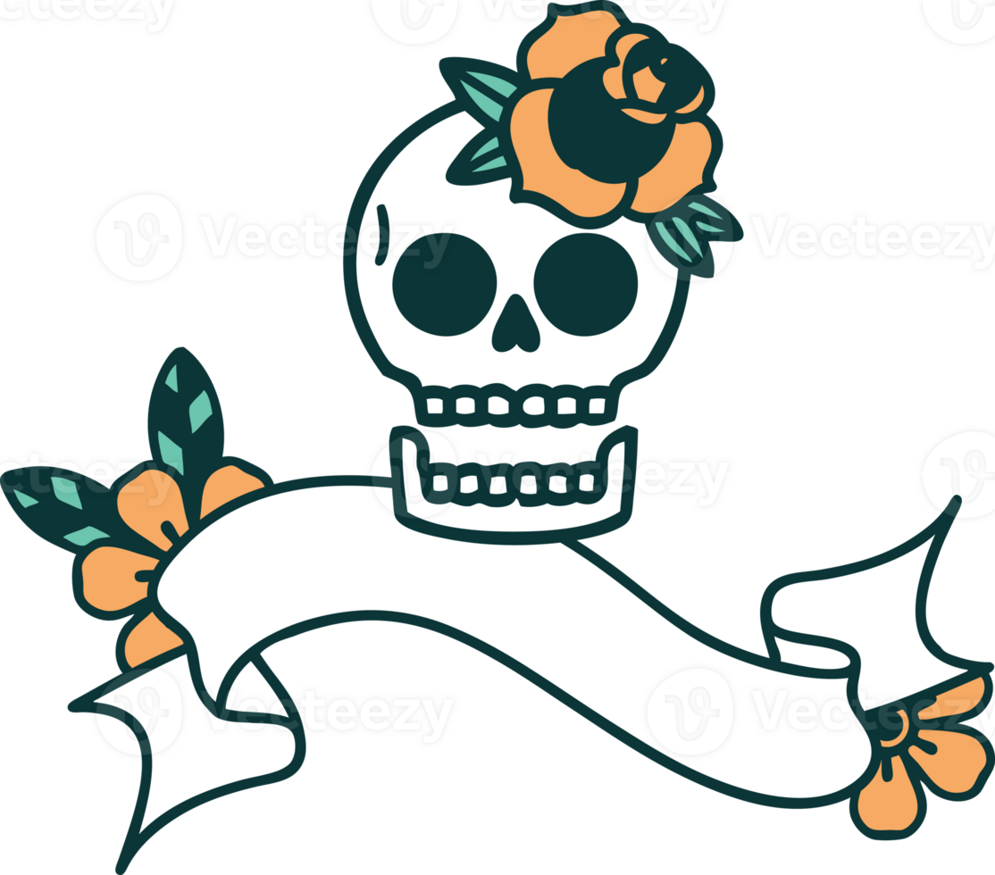 traditional tattoo with banner of a skull and rose png