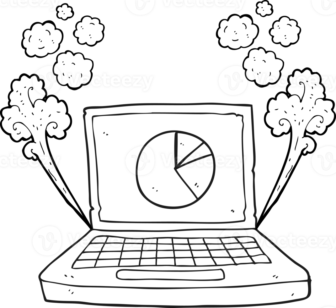 hand drawn black and white cartoon laptop computer with pie chart png