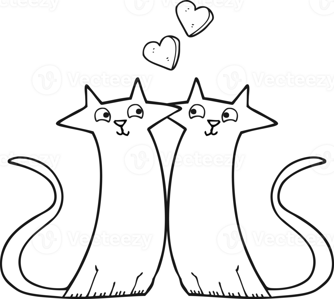 hand drawn black and white cartoon cats in love png