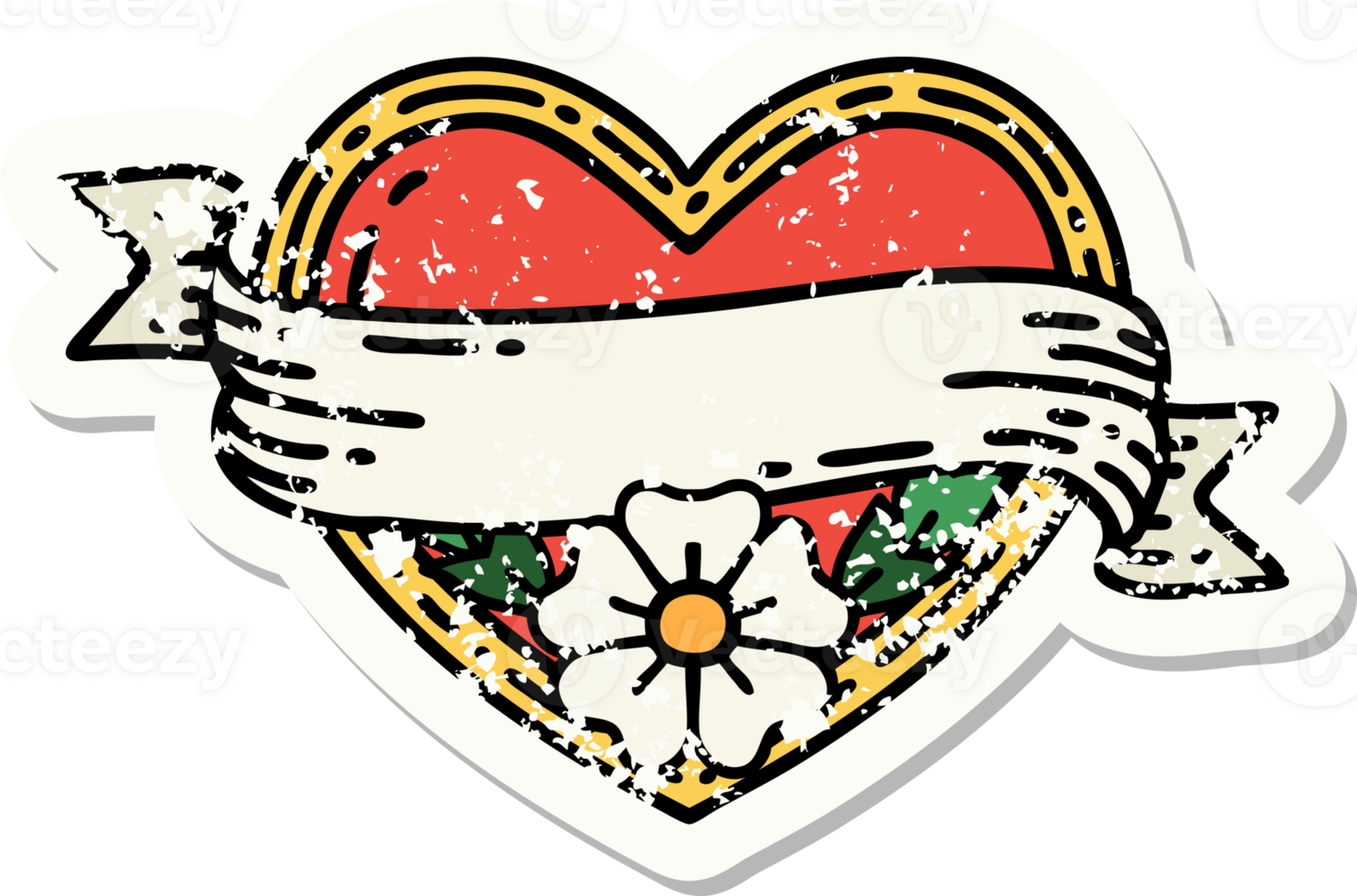 distressed sticker tattoo in traditional style of a heart and banner with flowers png