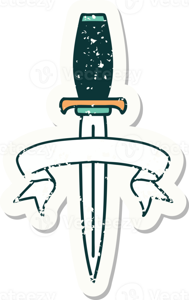 worn old sticker with banner of a dagger png