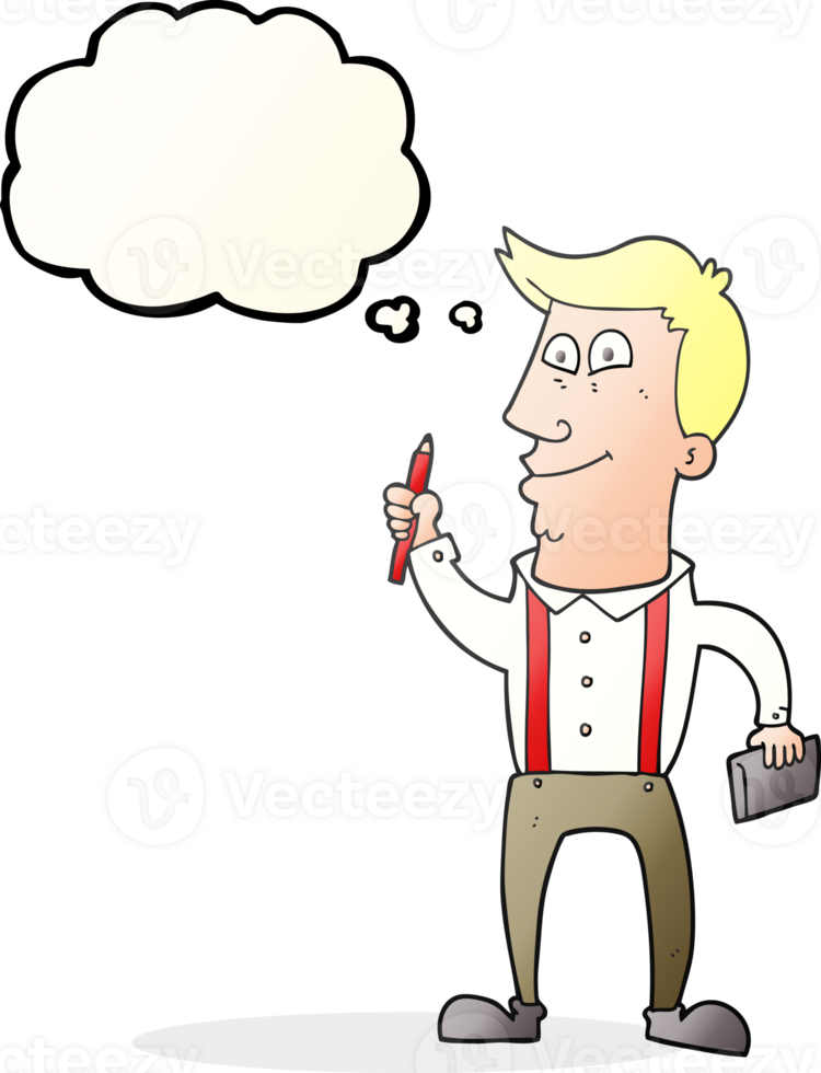 hand drawn thought bubble cartoon man with notebook and pen png