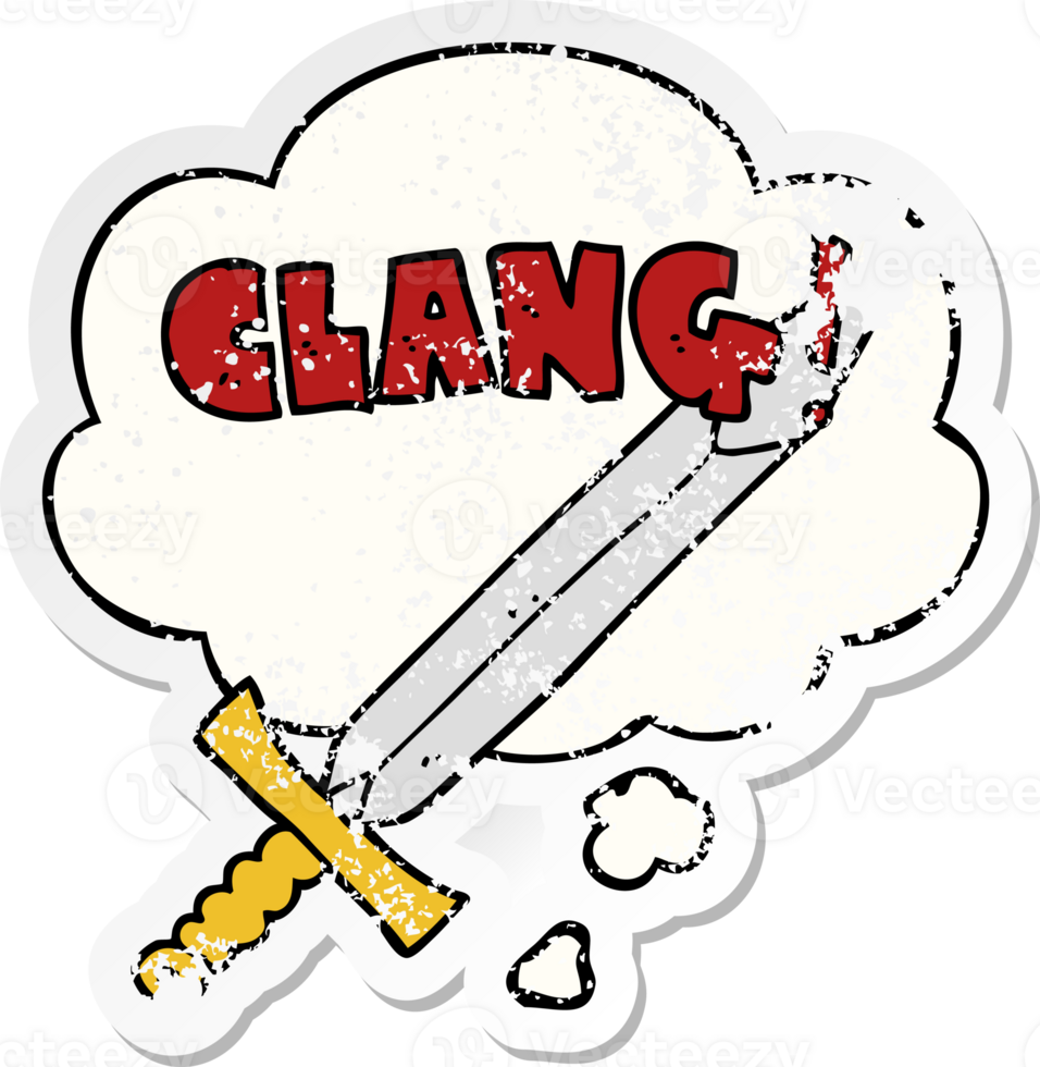 cartoon clanging sword with thought bubble as a distressed worn sticker png