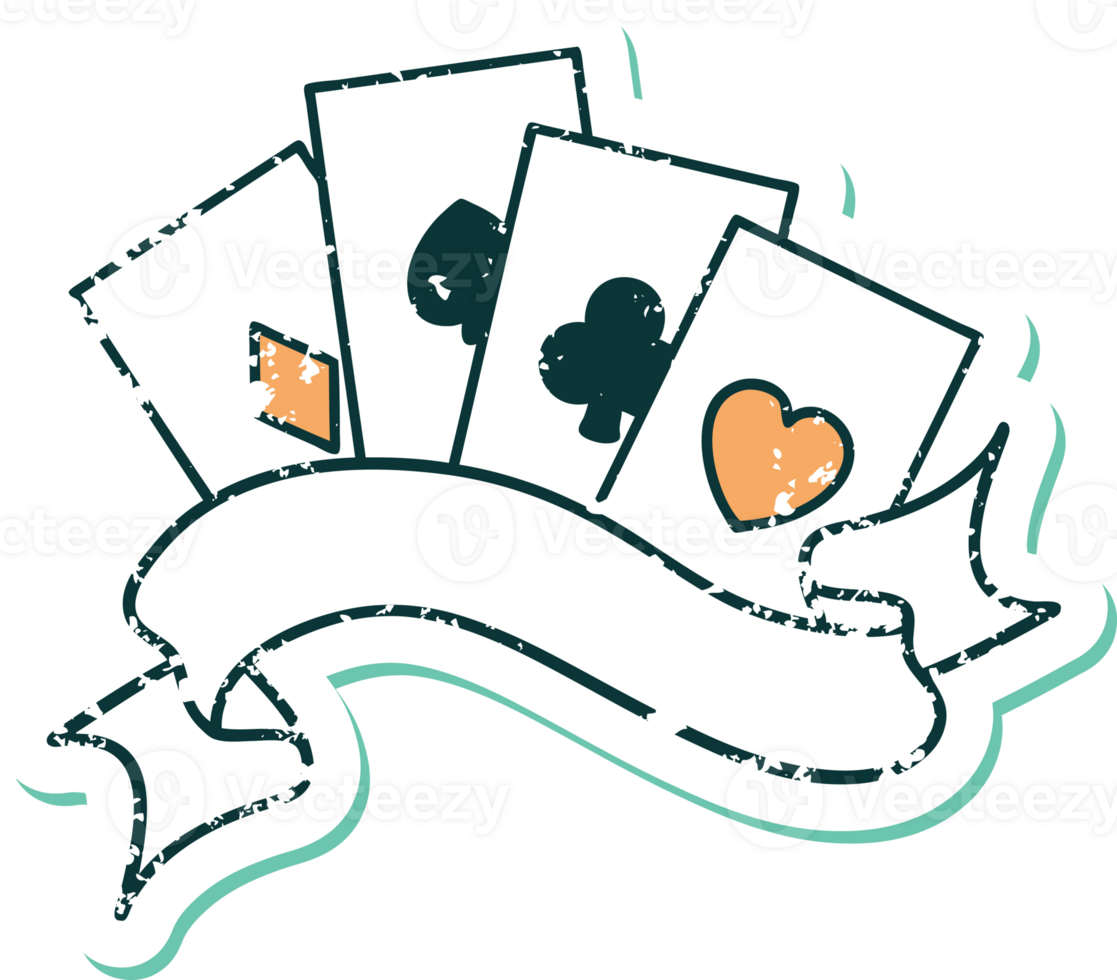 iconic distressed sticker tattoo style image of cards and banner png