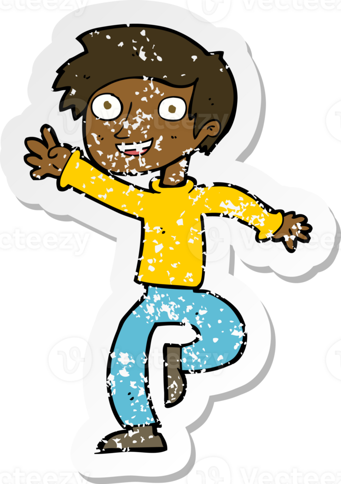 retro distressed sticker of a cartoon excited boy dancing png