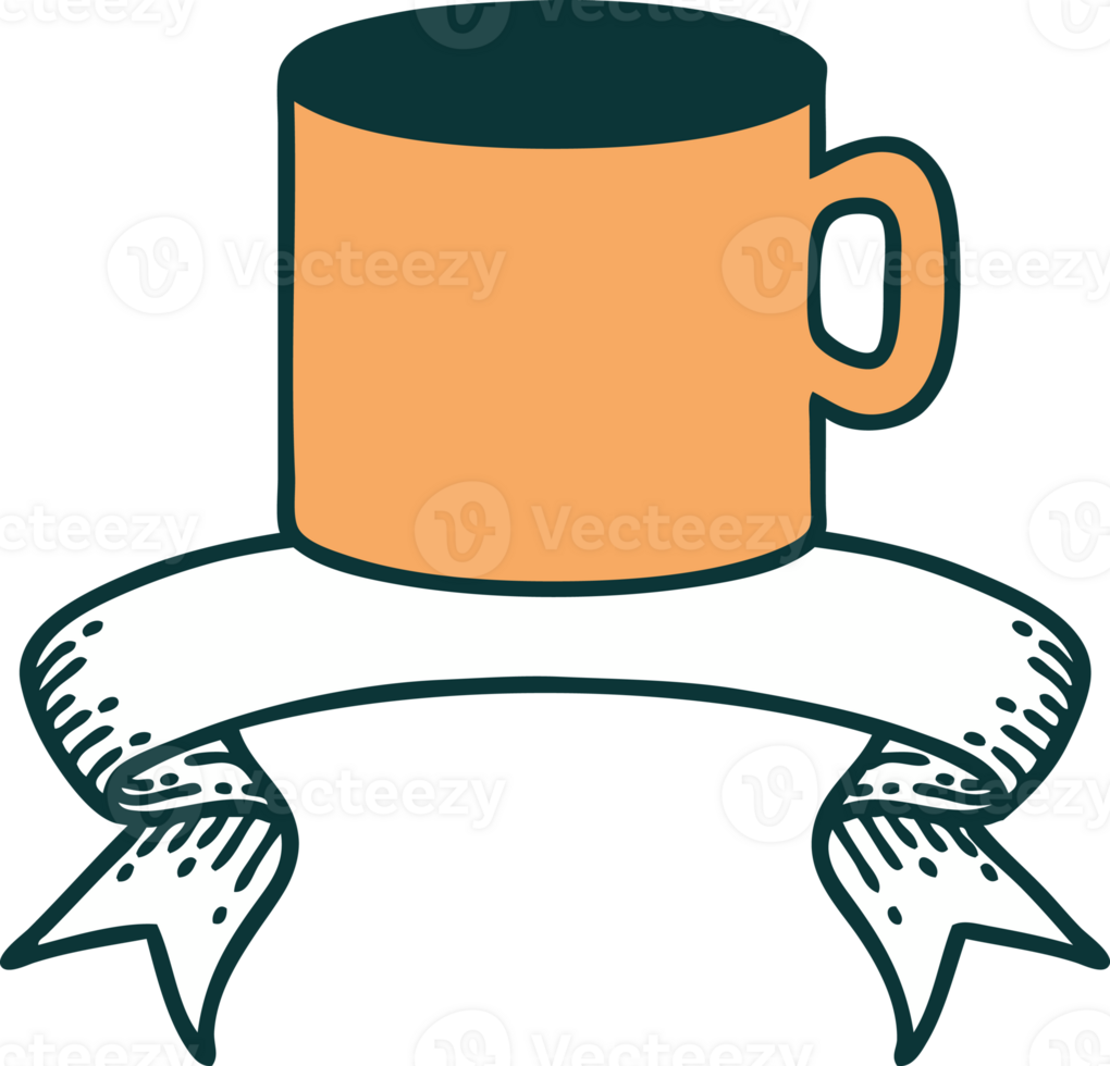 traditional tattoo with banner of cup of coffee png