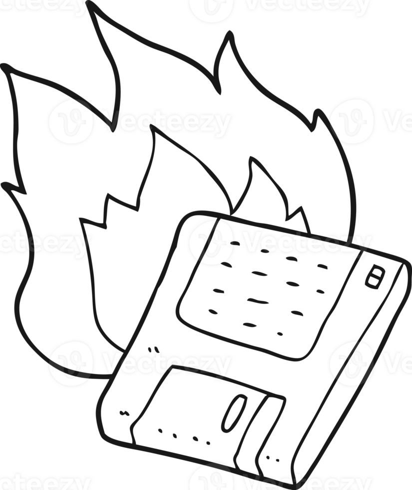 hand drawn black and white cartoon old computer disk burning png