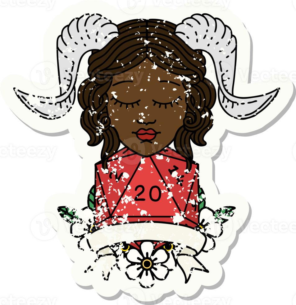 Retro Tattoo Style tiefling with natural twenty dice roll png