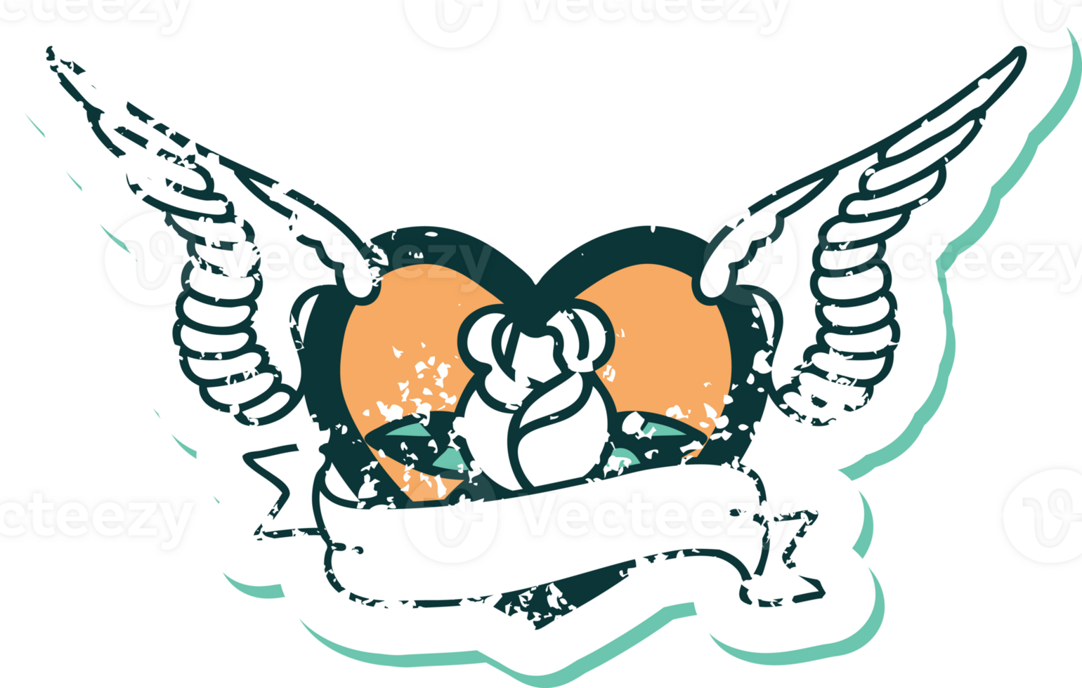 iconic distressed sticker tattoo style image of a flying heart with flowers and banner png