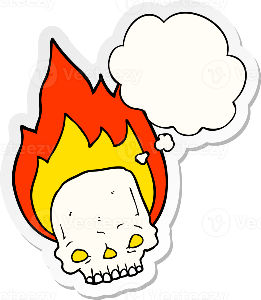 spooky cartoon flaming skull with thought bubble as a printed sticker png