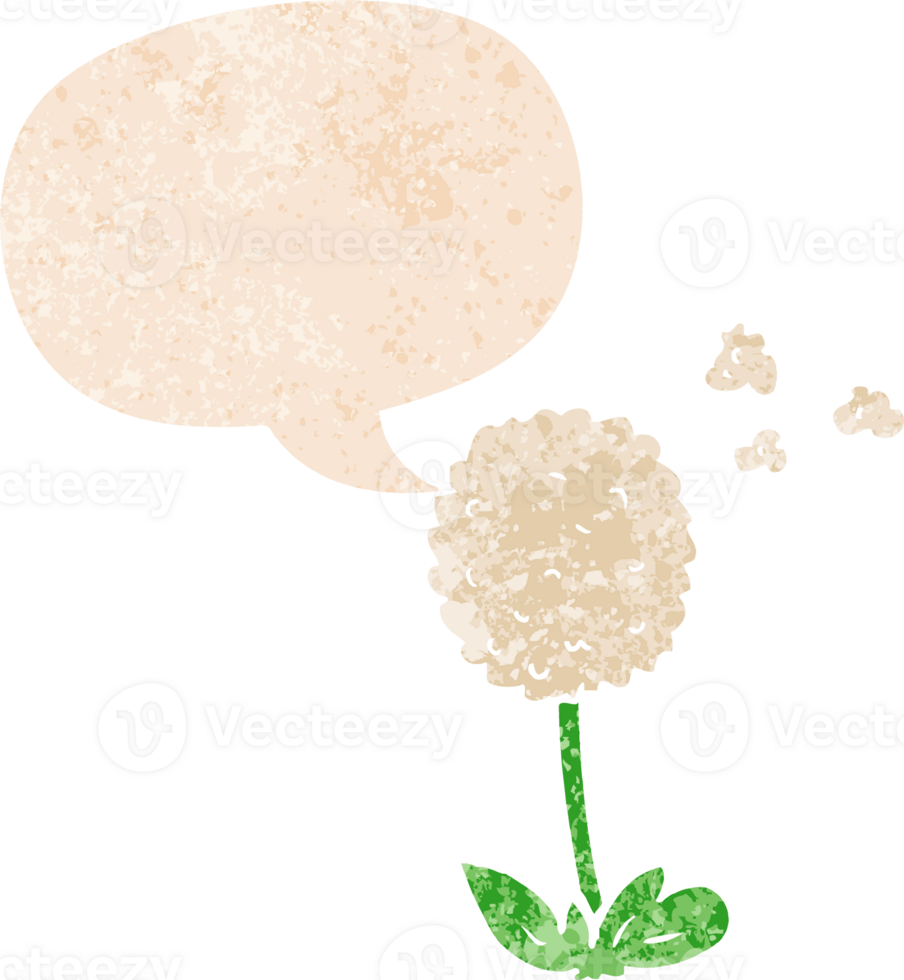 cartoon flower with speech bubble in grunge distressed retro textured style png