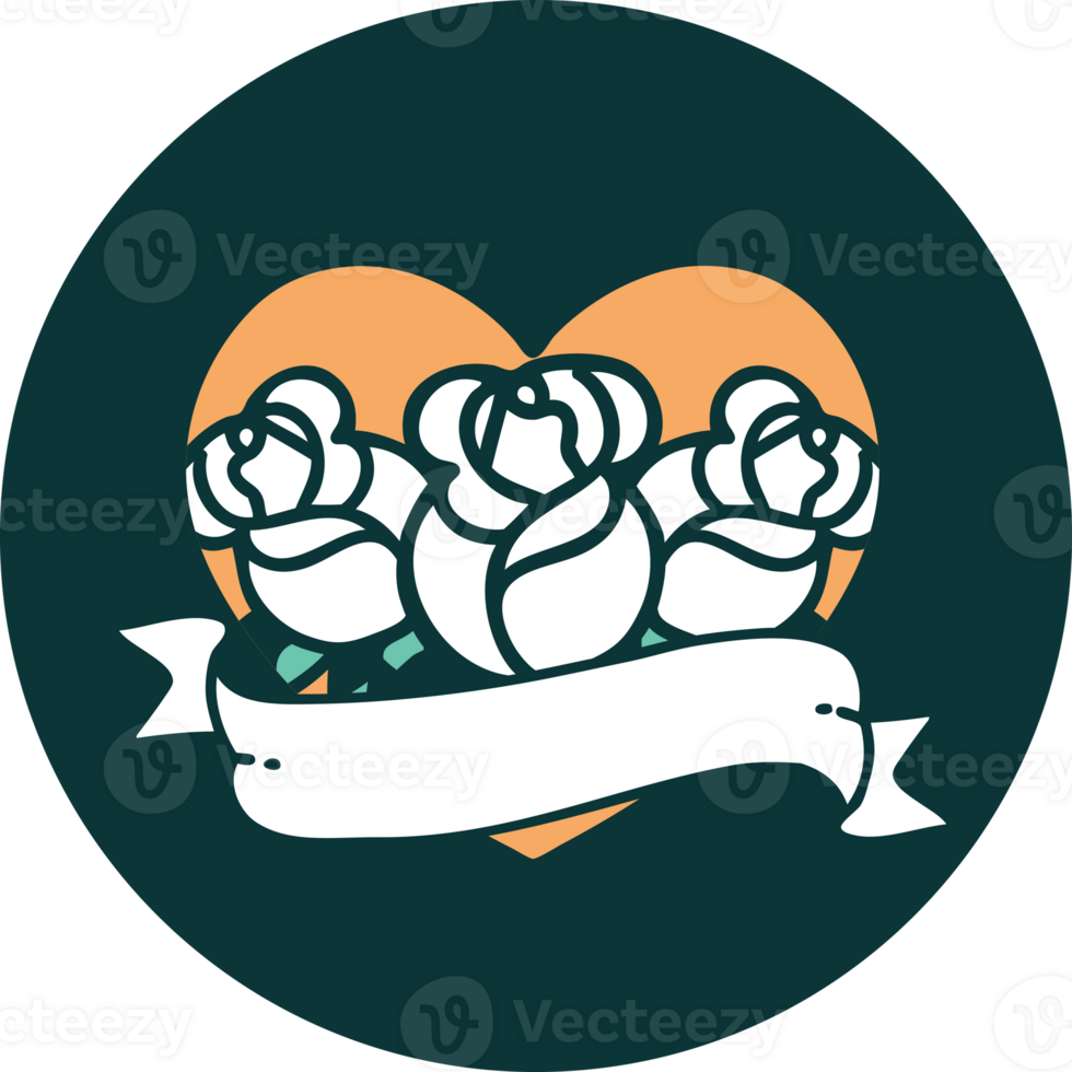 iconic tattoo style image of a heart and banner with flowers png