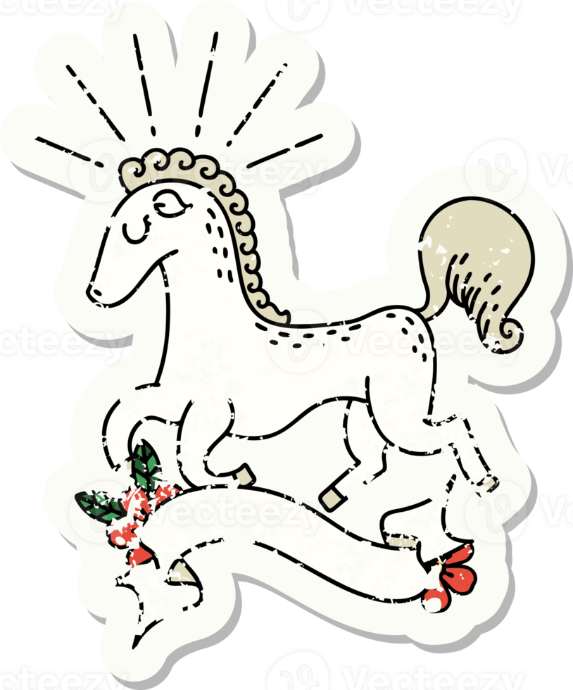 worn old sticker of a tattoo style prancing stallion png